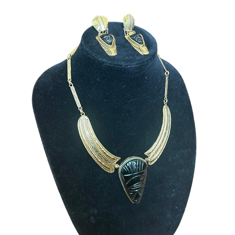 RARE Vintage IXEL Signed Aztec Mexican Necklace & Earrings- Obsidian Protection